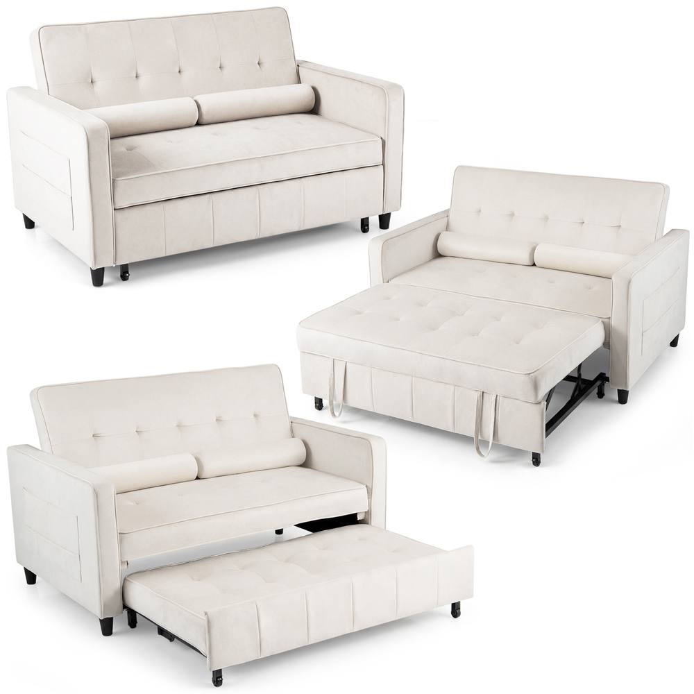 Costway 3-in-1 Convertible Sleeper Sofa Bed Pull Out Velvet Couch Bed-Beige in Beige