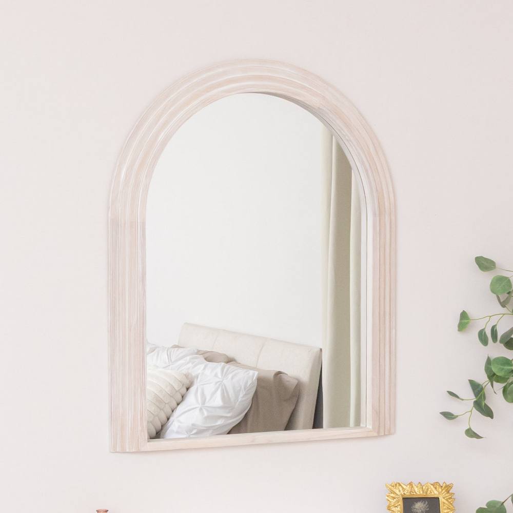 Melody Maison Large White Washed Wood Arched Wall Mirror - 90cm X 75cm