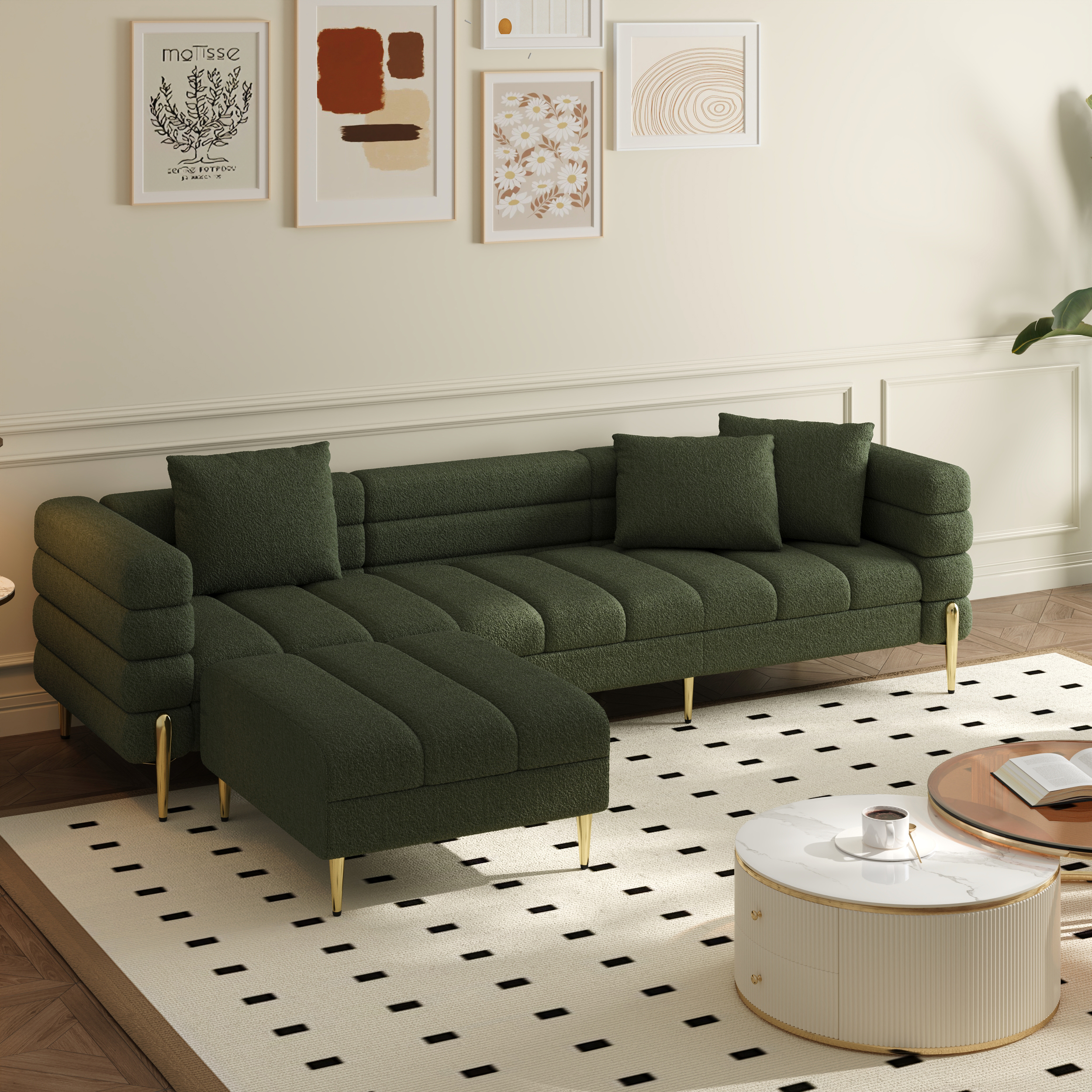2311 mm Boucle Modular 4-Piece L-Shaped Couch with Chaise Modern Green 3-Seater Sofa