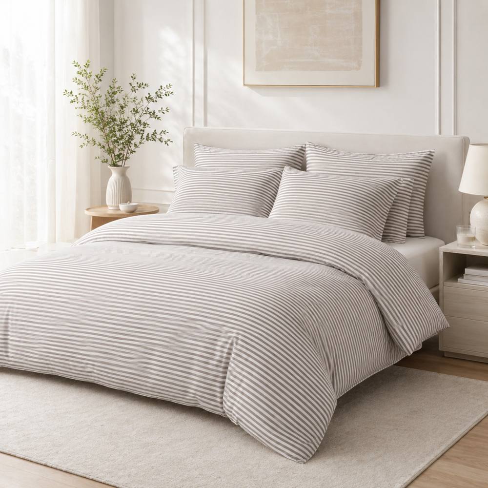 Grace Pinstripe Elegant Duvet Cover Set Ultrasoft Reversible Bedding Sets in Grey