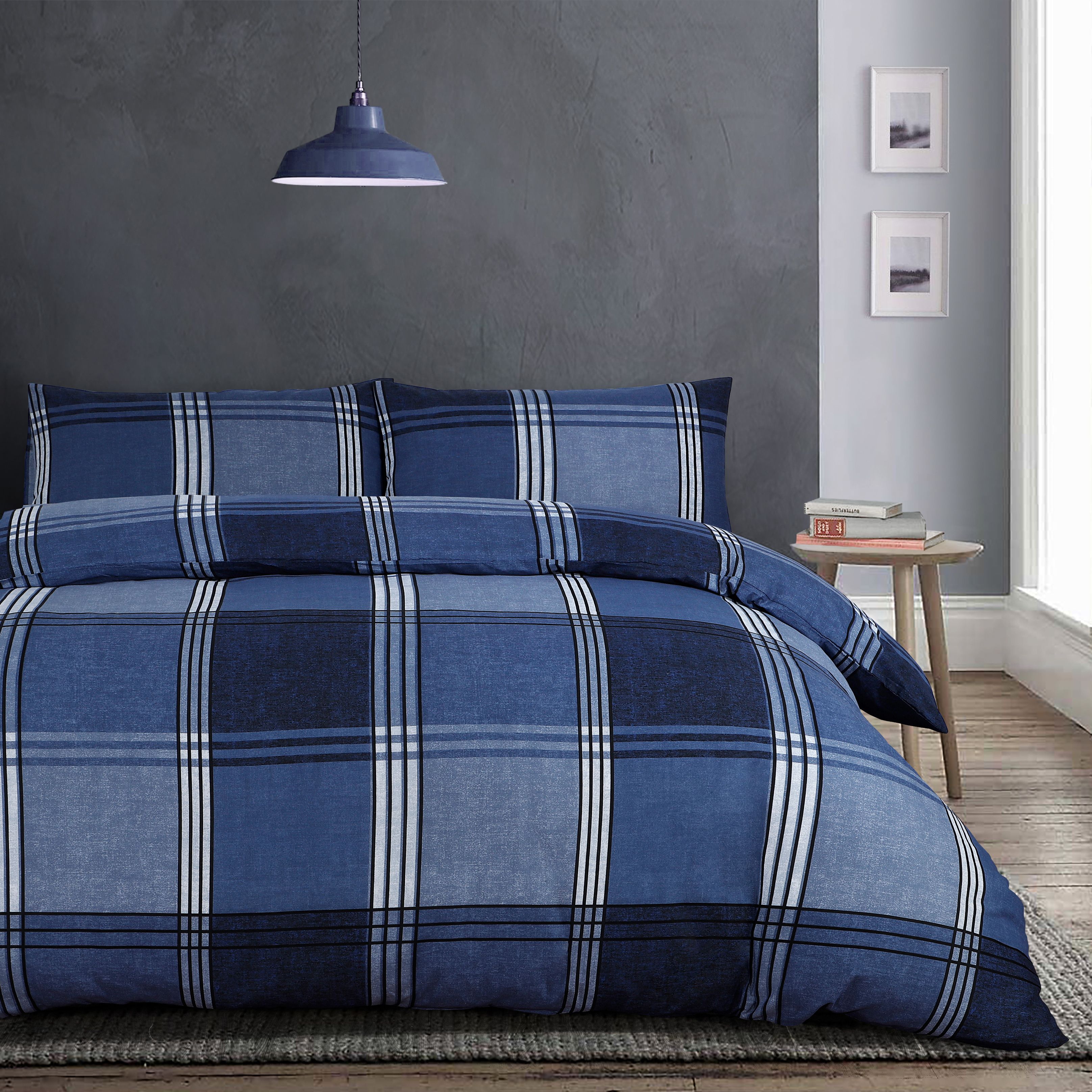 Velosso Hamilton Check Cotton Rich Printed Duvet Cover & Pillowcase Set in Blue