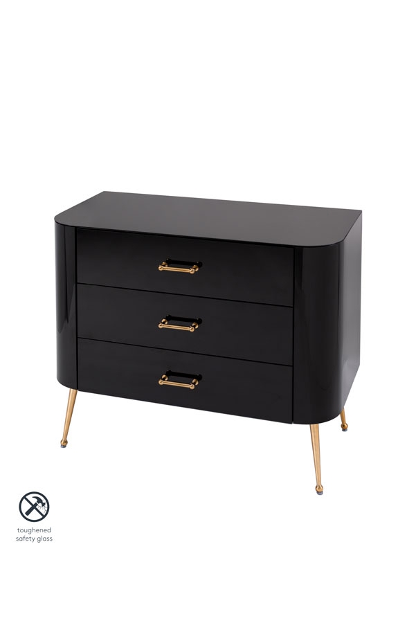 Mason Black Glass Chest of Drawers – Brushed Gold Legs