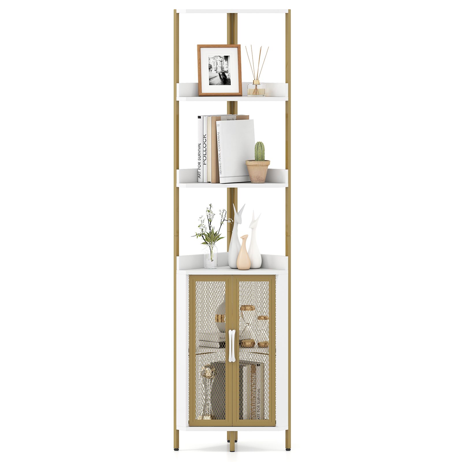 Costway 6-Tier Corner Shelf Industrial Bookcase Display Shelf w/ Cabinet in White