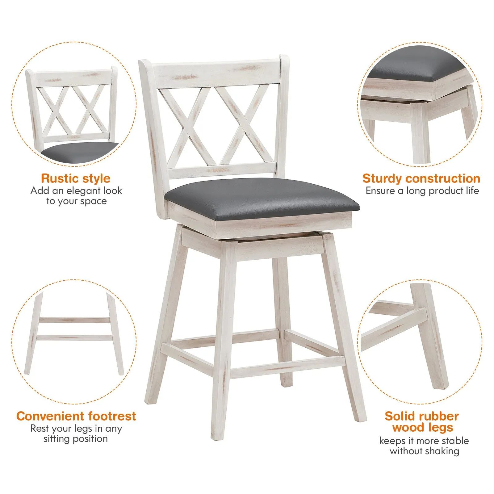 Costway Set of 2 Bar Stools Counter Height Chair Pub 360 °Swiveling Upholstered Seat 24" in White 5