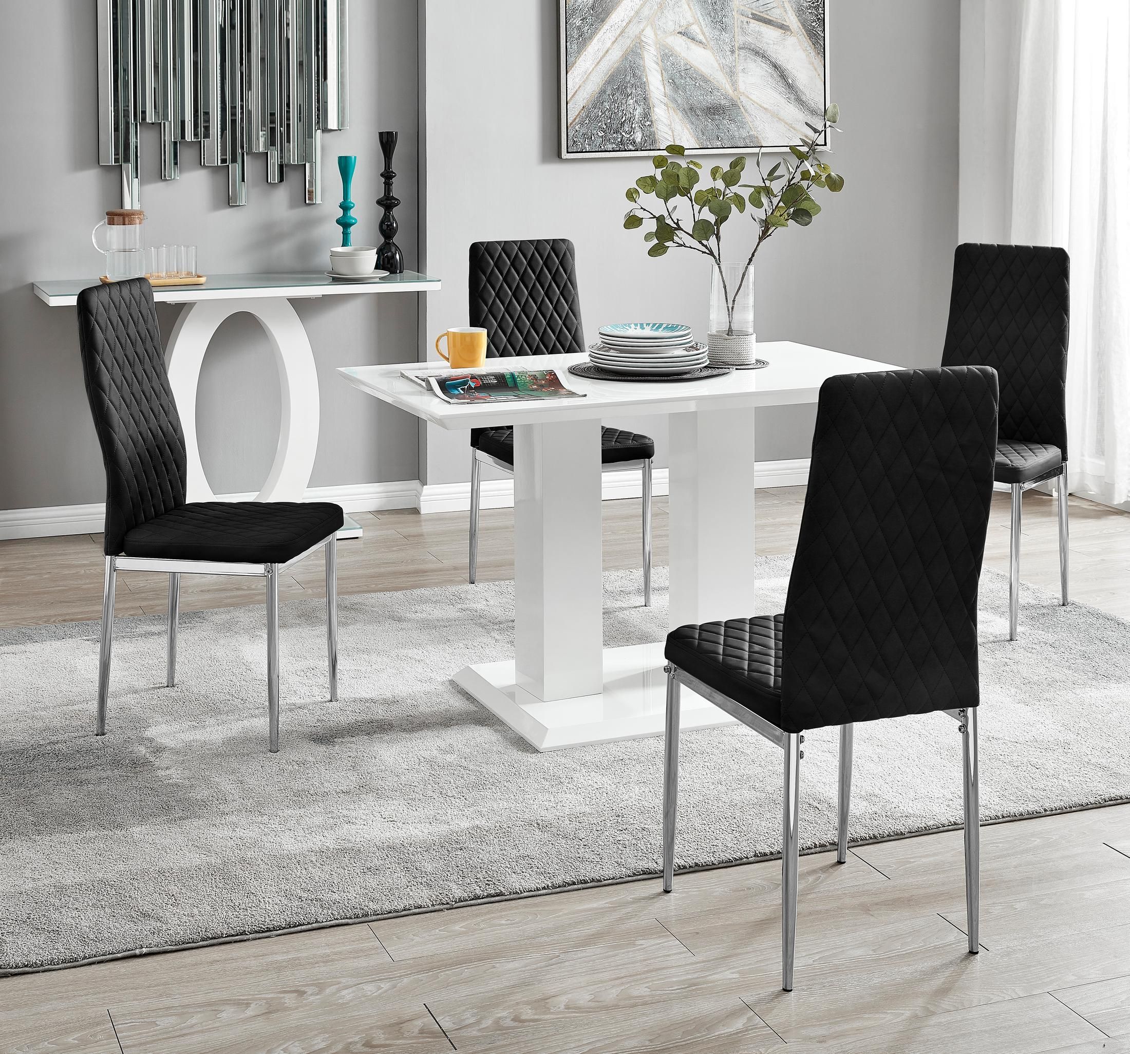 FurnitureboxUK Imperia 4 Seater Modern White High Gloss Rectangular Dining Table & 4 Milan Velvet Chairs in Black
