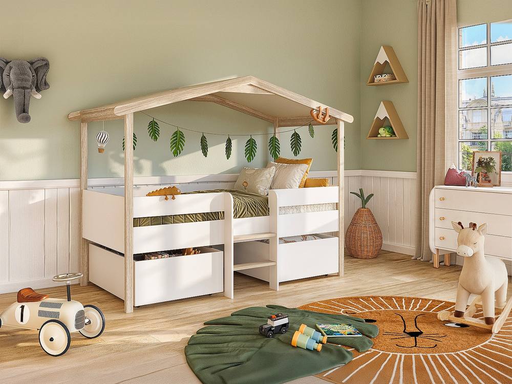 Vente-unique Hut Bed With Drawers - 90 X 190 Cm - Lime Tree - White & Oak in Light Oak