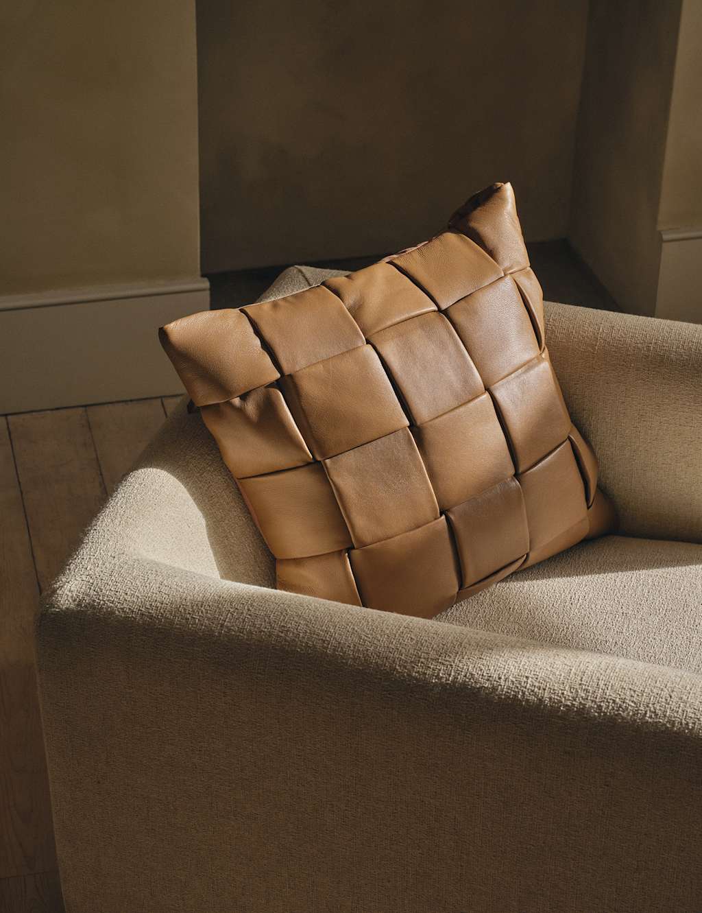 M&S Leather Basket Weave Cushion Brown