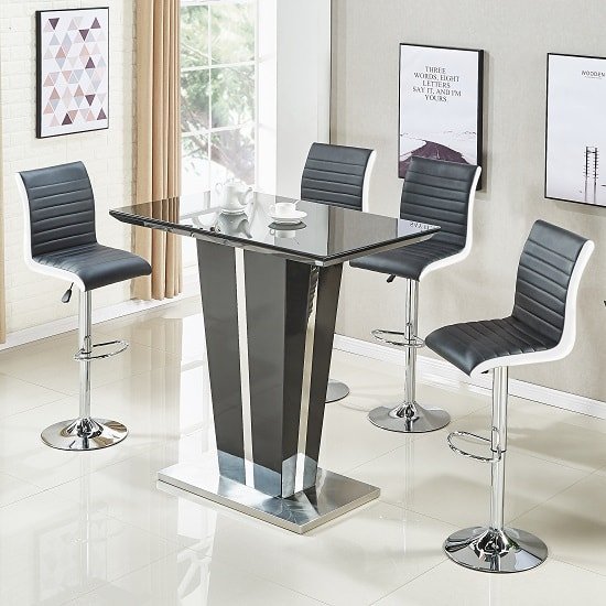 Memphis Glass Bar Table In High Gloss Black And 4 Ritz Stools