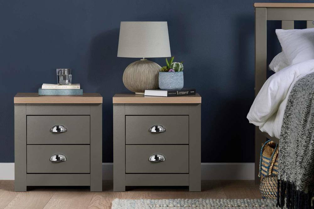 Birlea Pair of Bedside Cabinet Highgate 2 Drawer Chest Farmhouse Style Grey in Dark Grey