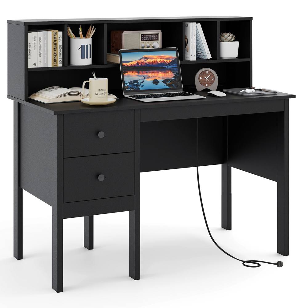 Costway Computer Desk 120 CM Writing Desk with Power Outlets & Drawers in Black