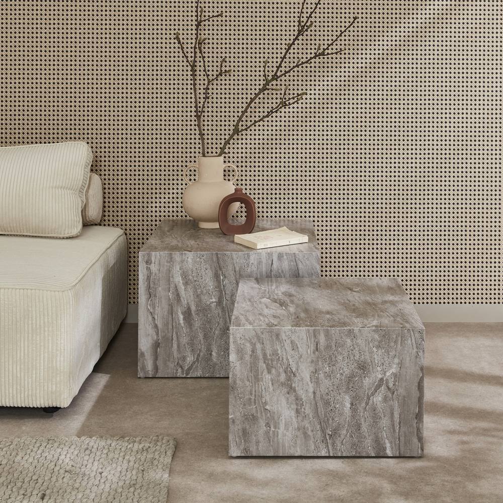 sweeek Pair Of Square Coffee Tables With Marble Effect in Grey