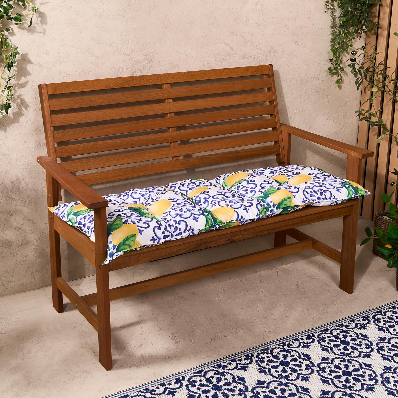 OHS Outdoor 2 Seater Patterned Bench Cushion Garden Furniture Seat in Bright Yellow