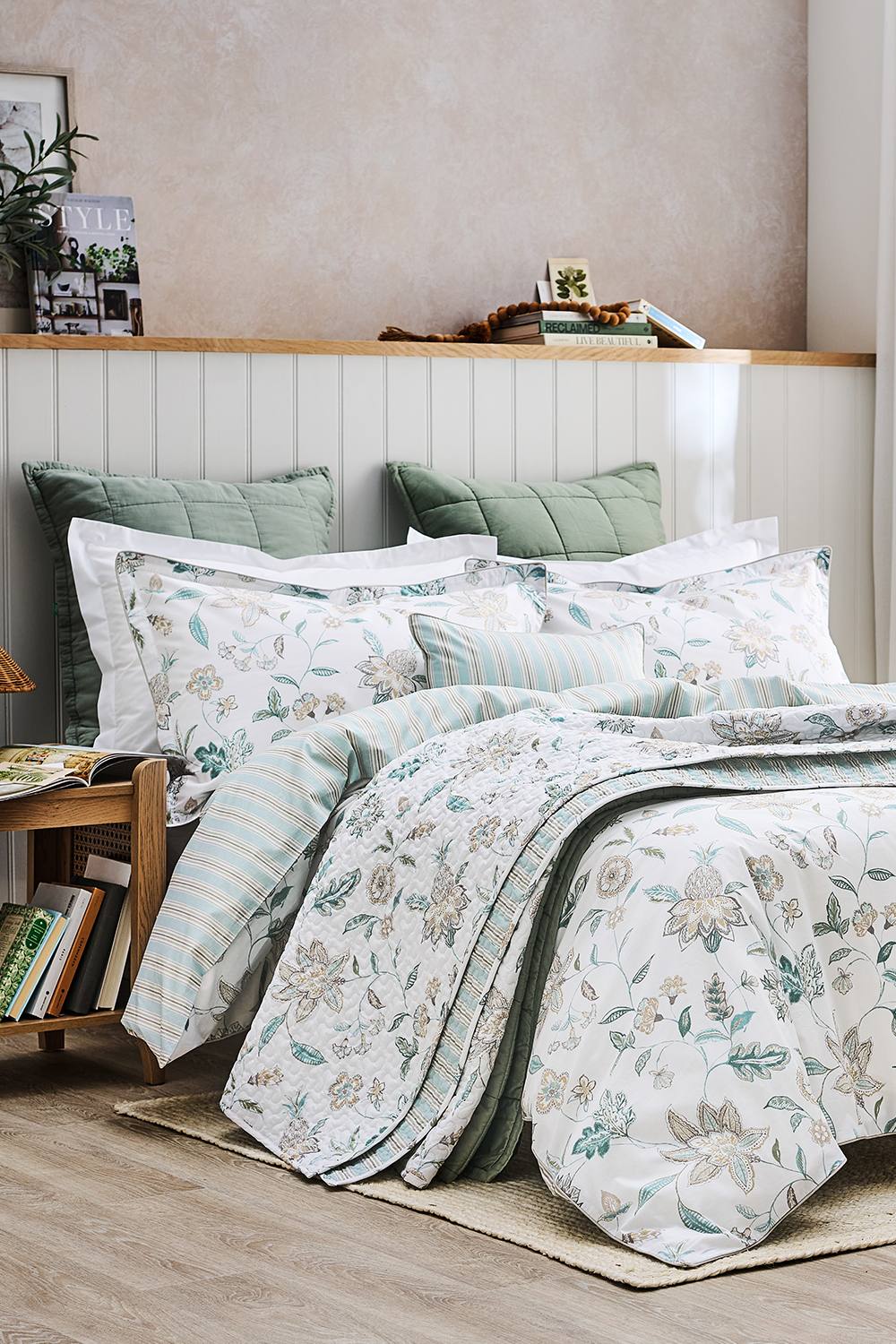 CHRISTY 'Kew' Floral Stripe Reversible Cotton Sateen Duvet Cover Set in Aqua