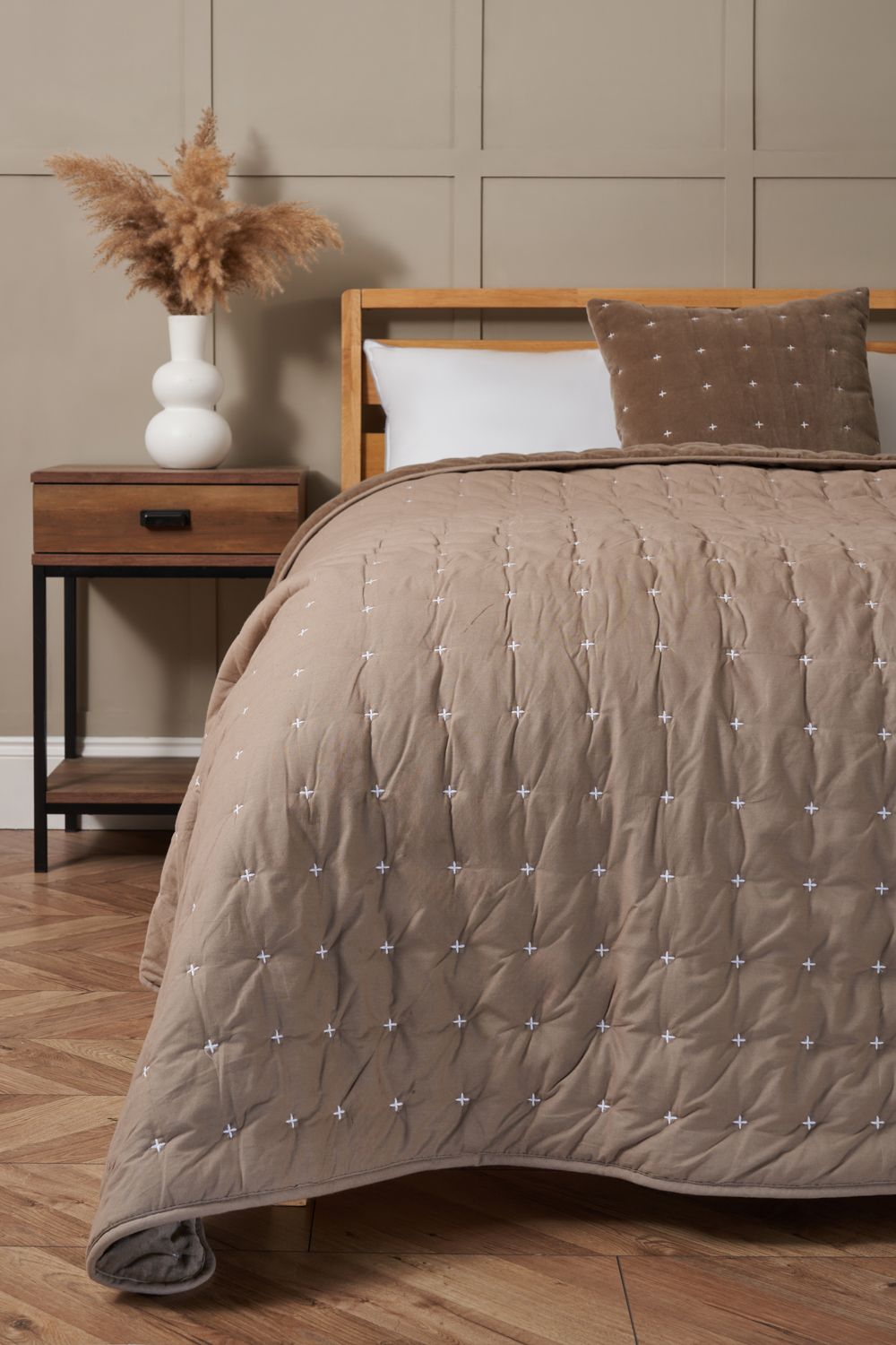 BHS Cross Stitch Quilted Bedspread in Taupe