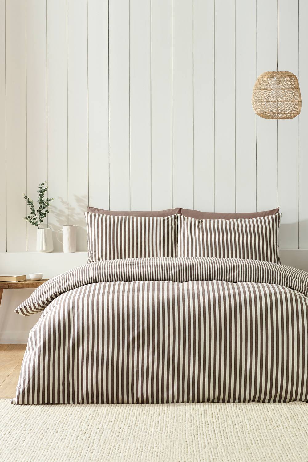 Catherine Lansfield Brushed Stripe 100% Cotton Duvet Cover Set in Chocolate 1