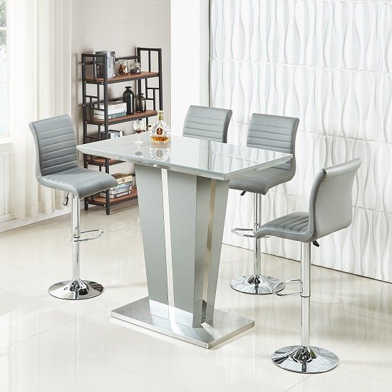 Memphis Glass Bar Table In High Gloss Grey And 4 Ripple Stools