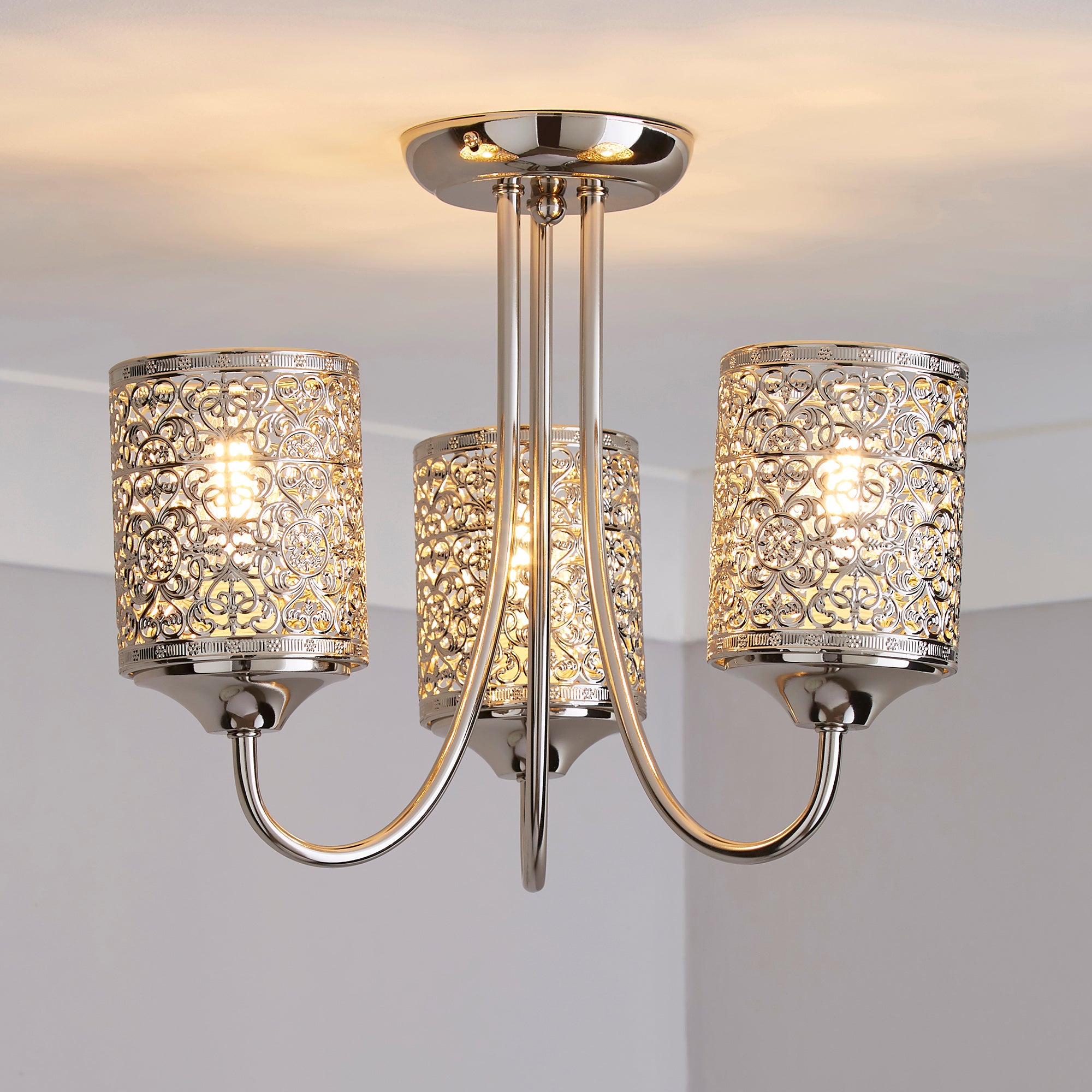 Tunis 3 Light Fretwork Nickel Ceiling Fitting Champagne