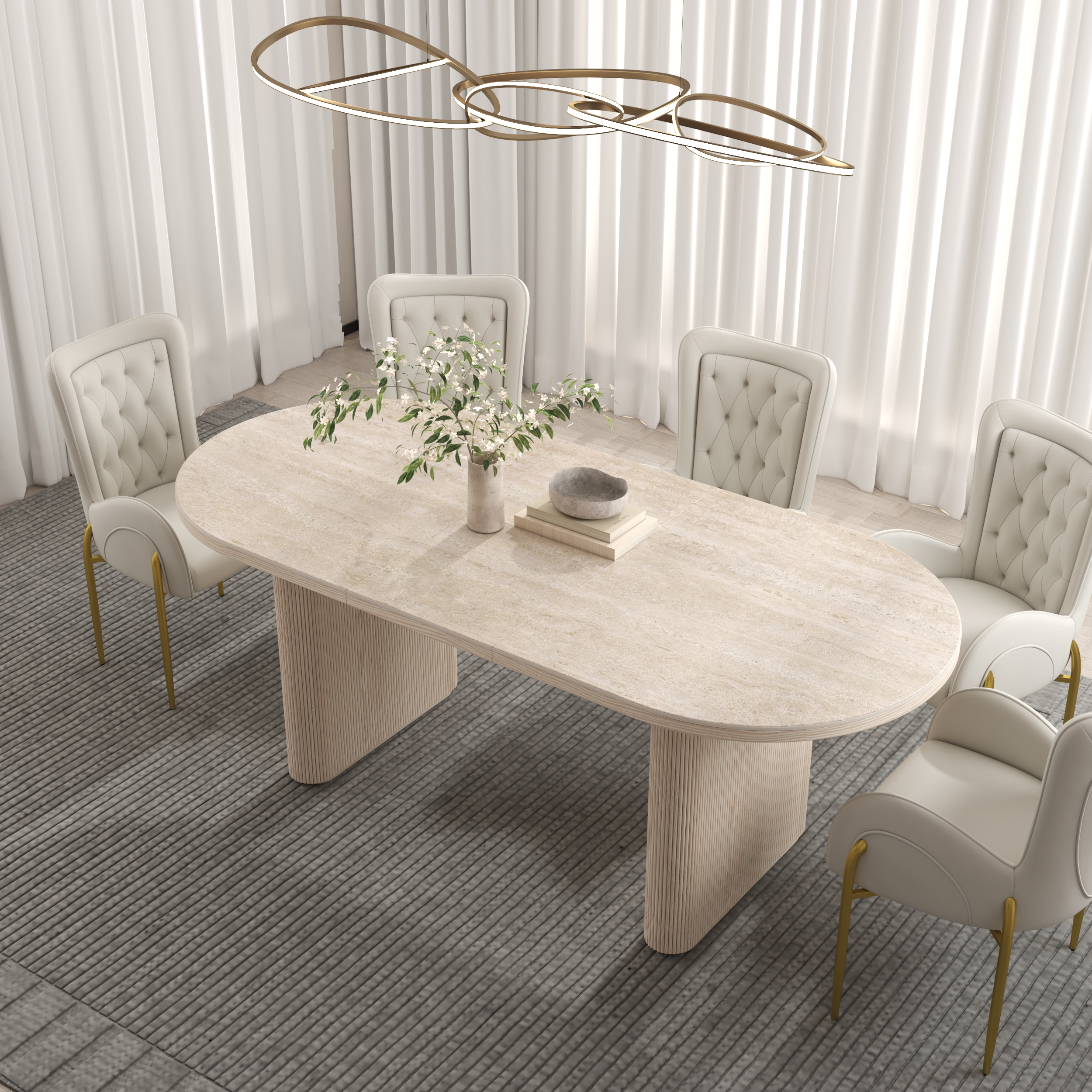 2007 mm - 2413 mm Oval Dining Table Extendable Butterfly Leaf Sintered Stone Top 6-10 Seater Matte Travertine