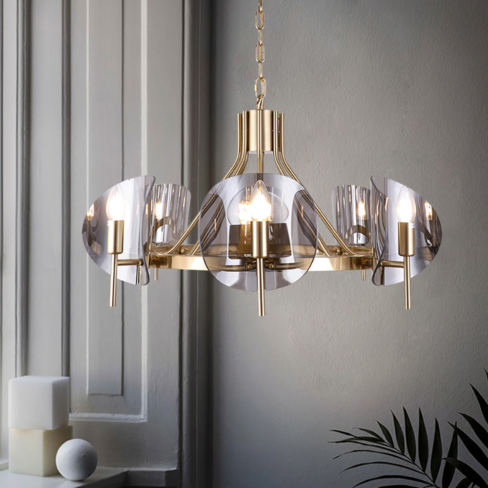 Modern Wagon Wheel 6-Light Chandelier Glass and Steel Frame