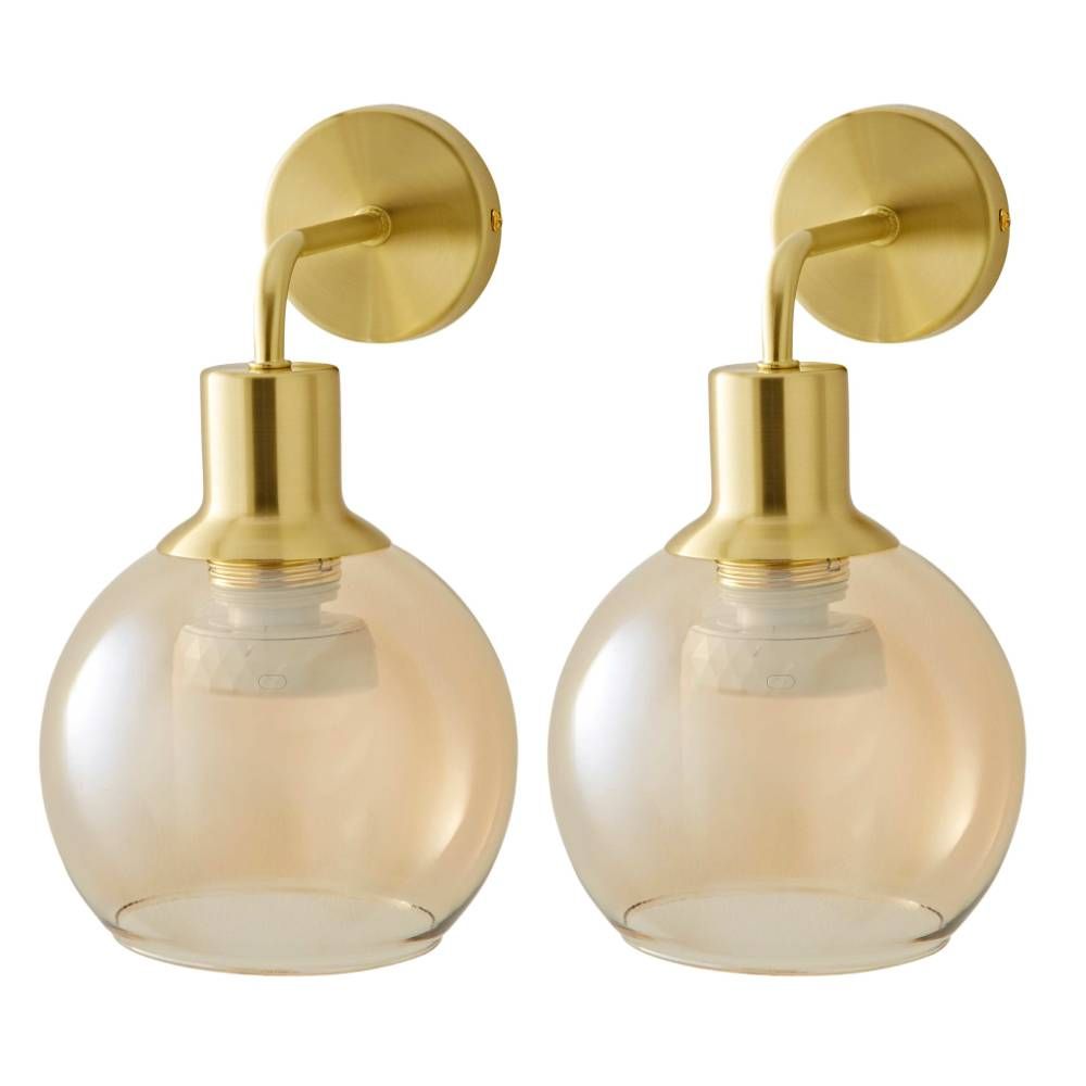 ValueLights Bellamy Pair of Globe Glass Shade Rechargeable Wall Lights in Gold