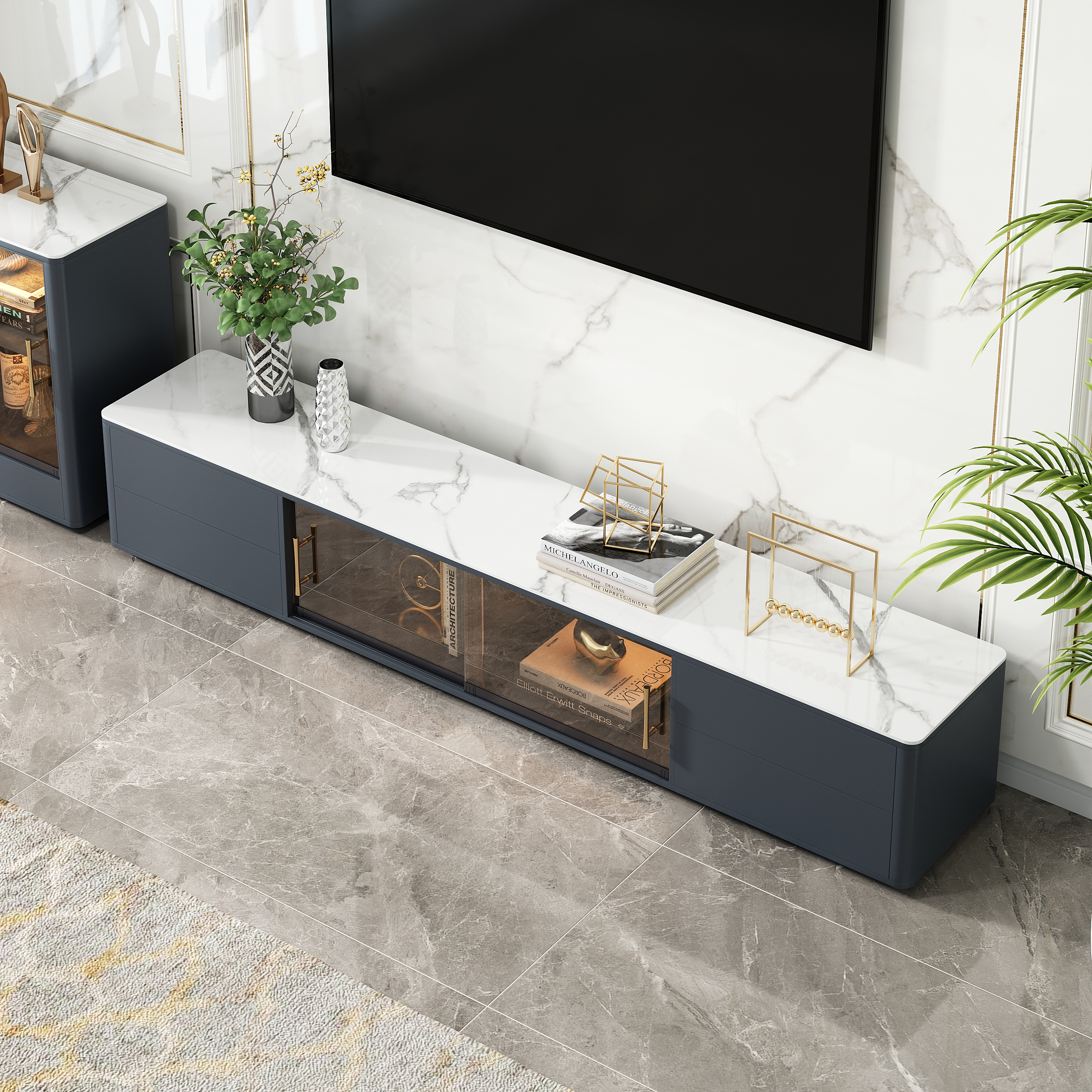 Modern Dark Grey TV Stand Stone Top 4-Drawer Glass Doors Media Console in Large