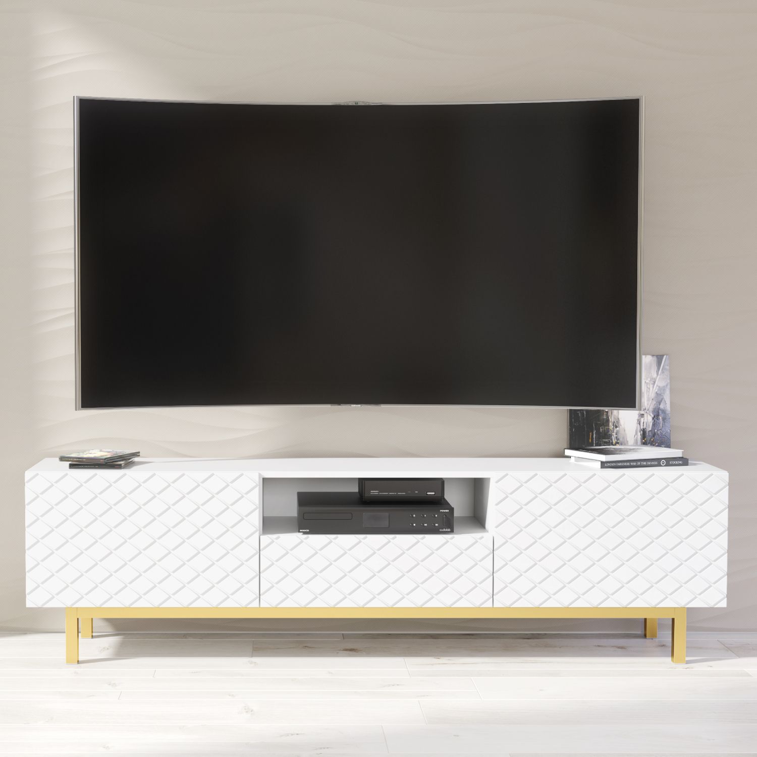 Creative Furniture Diamond Luxe TV Unit 180cm - Luxury Cabinet with Push to Open Storage in White