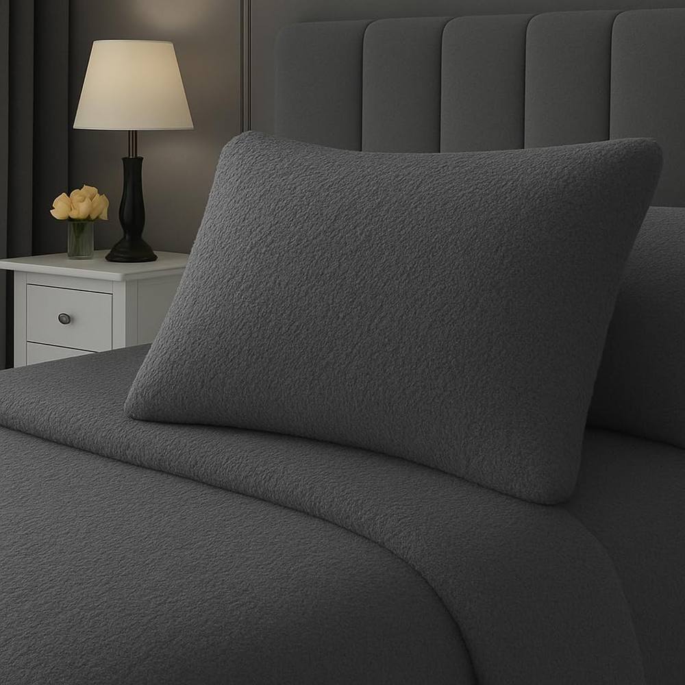 Homes-Linen Teddy Bear Plush Fleece Pillowcase Pair Warm & Cosy in Charcoal