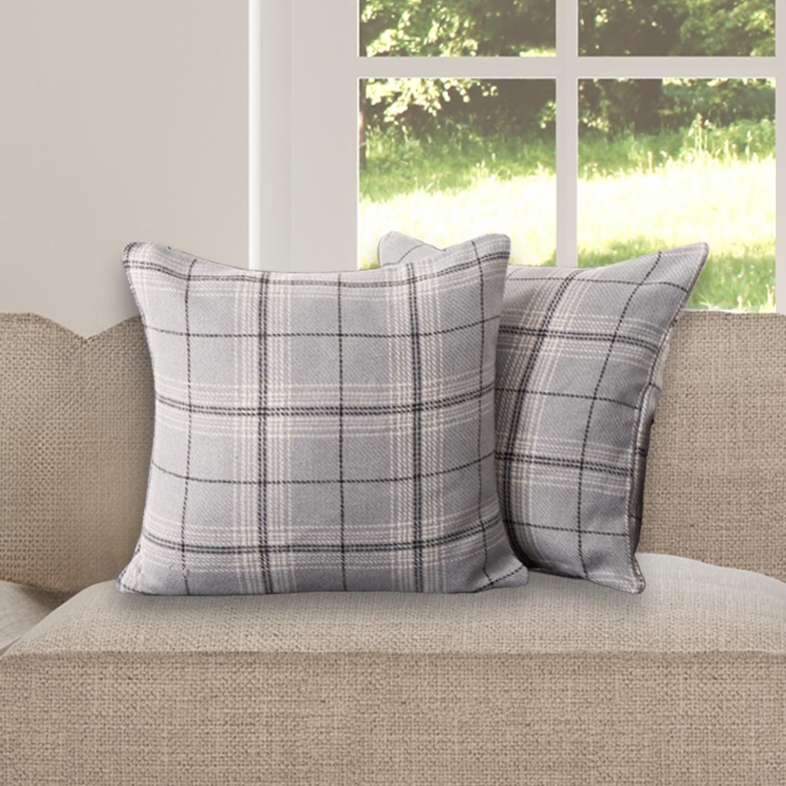 OHS 2 Pack Woven Check Cushion Covers Printed Soft in Grey