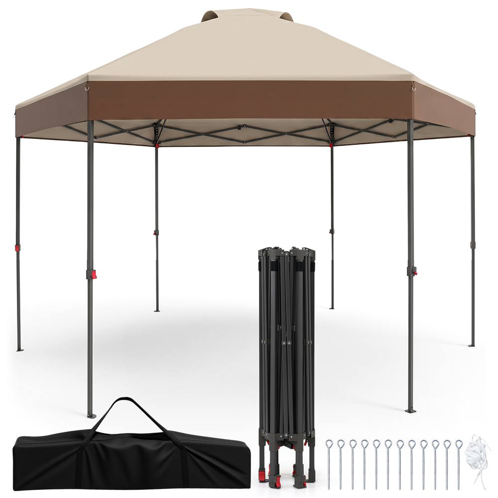 Costway 3.6x3.6m Pop Up Garden Gazebo Adjustable Height Canopy Tent w/Pegs in Brown