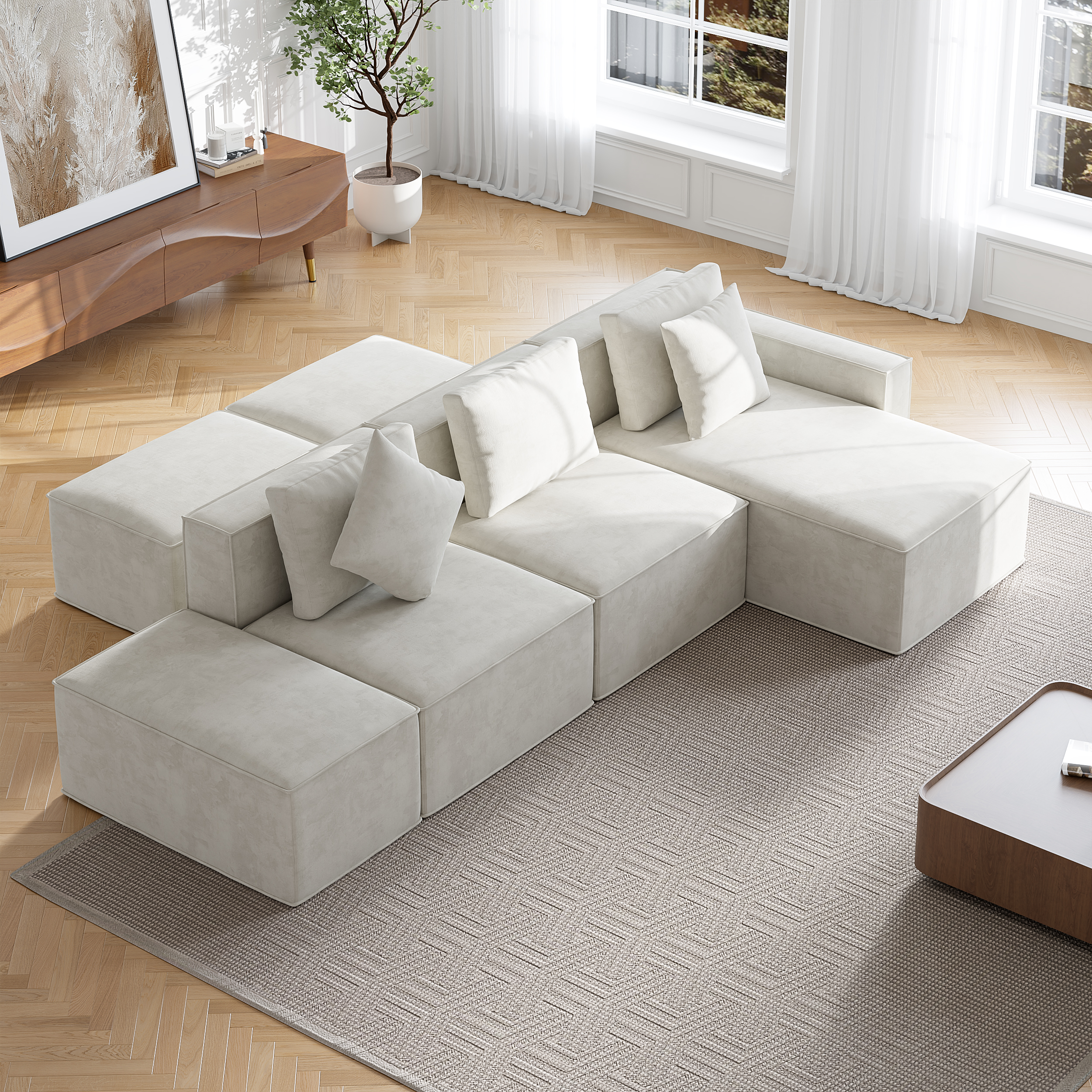 3500mm Cotton & Linen Modular Chaise Sectional Sofa 6 Pieces Oatmeal Sectional Couch with Ottoman (4 Seater)