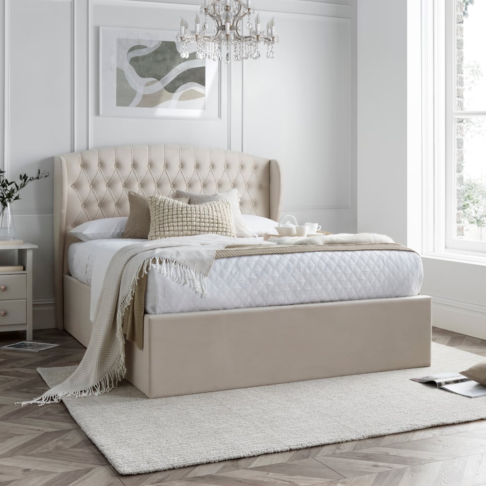 Warwick – King Size – Ottoman Storage Bed – Oatmeal – Velvet – 5ft - Happy Beds