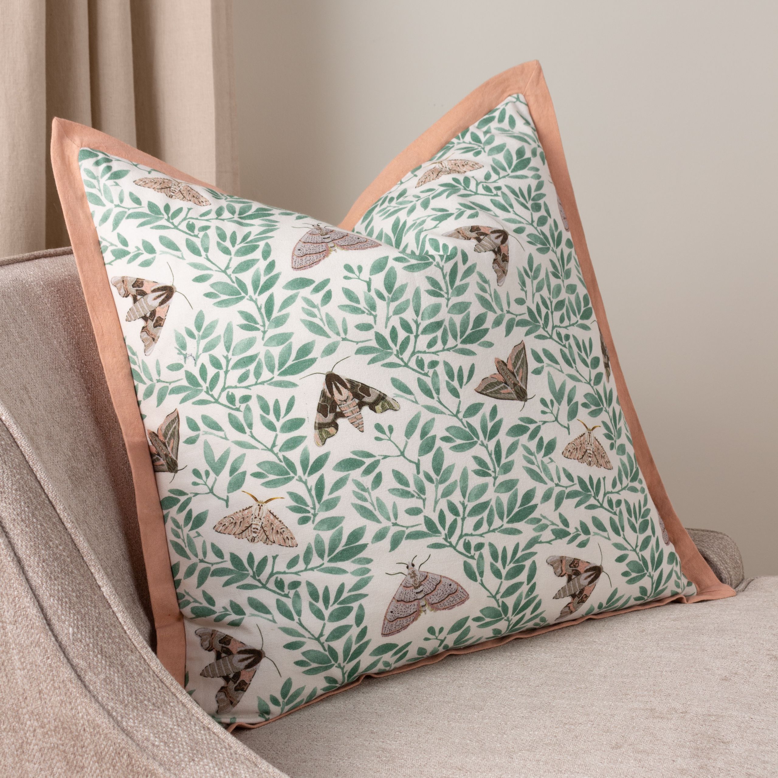 Wylder Silkmoth Bordered Floral 100% Cotton Cushion in Pale Pink