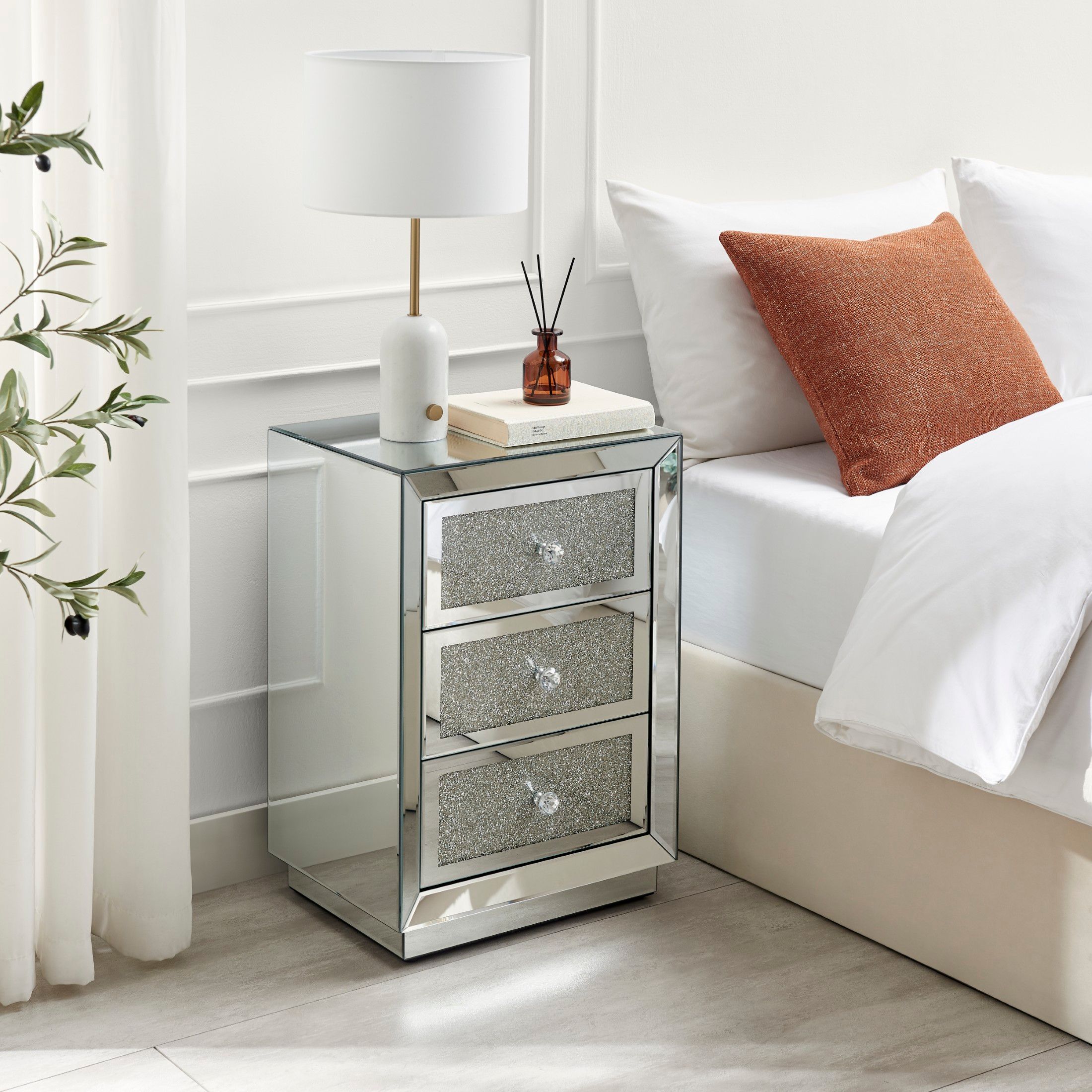 FurnitureboxUK Stella Crushed Diamond Effect Mirrored 3 Drawer Bedside Table in Silver