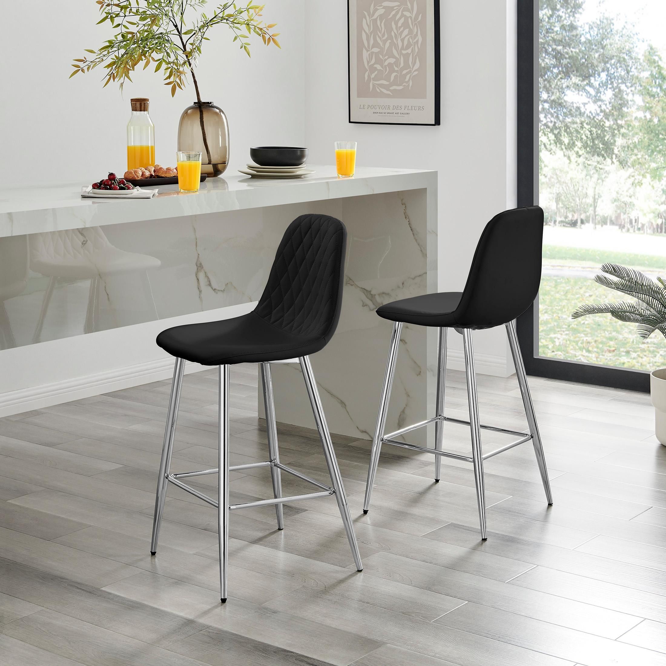 FurnitureboxUK Corona Set of 2 Counter Stools - Faux Leather Counter Stools With Silver Legs - Kitchen Island Stool in Black