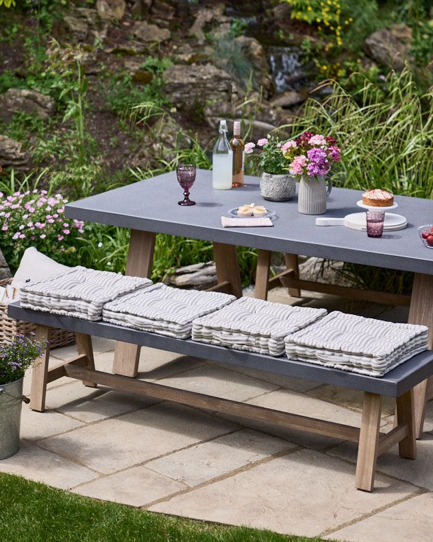 Dibor Set of 4 Grey Striped Box Outdoor Garden Chair Seat Pad Cushions L40cm x W40cm
