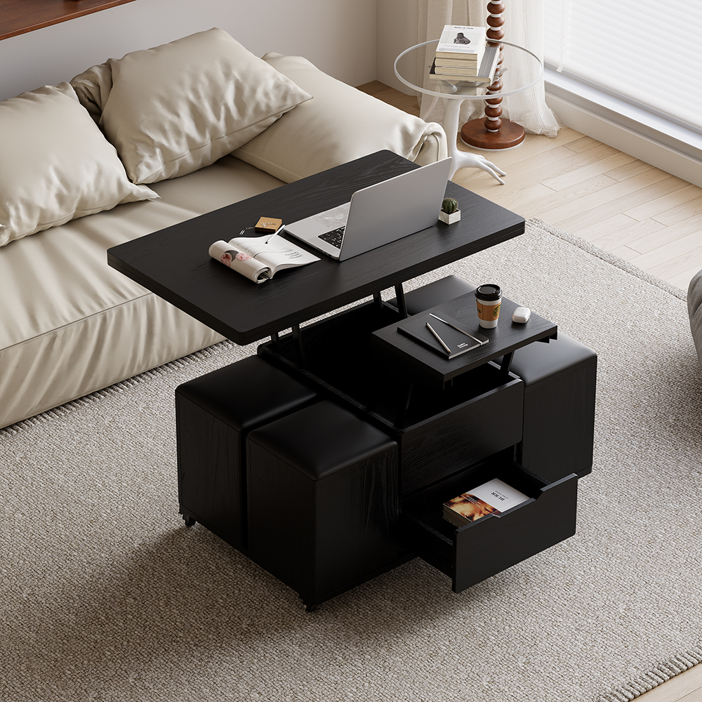 Modern Black Lift Top Coffee Table 10 cm 1 with Storage Ottoman Foldable and Casters Transforming Into Dining Table