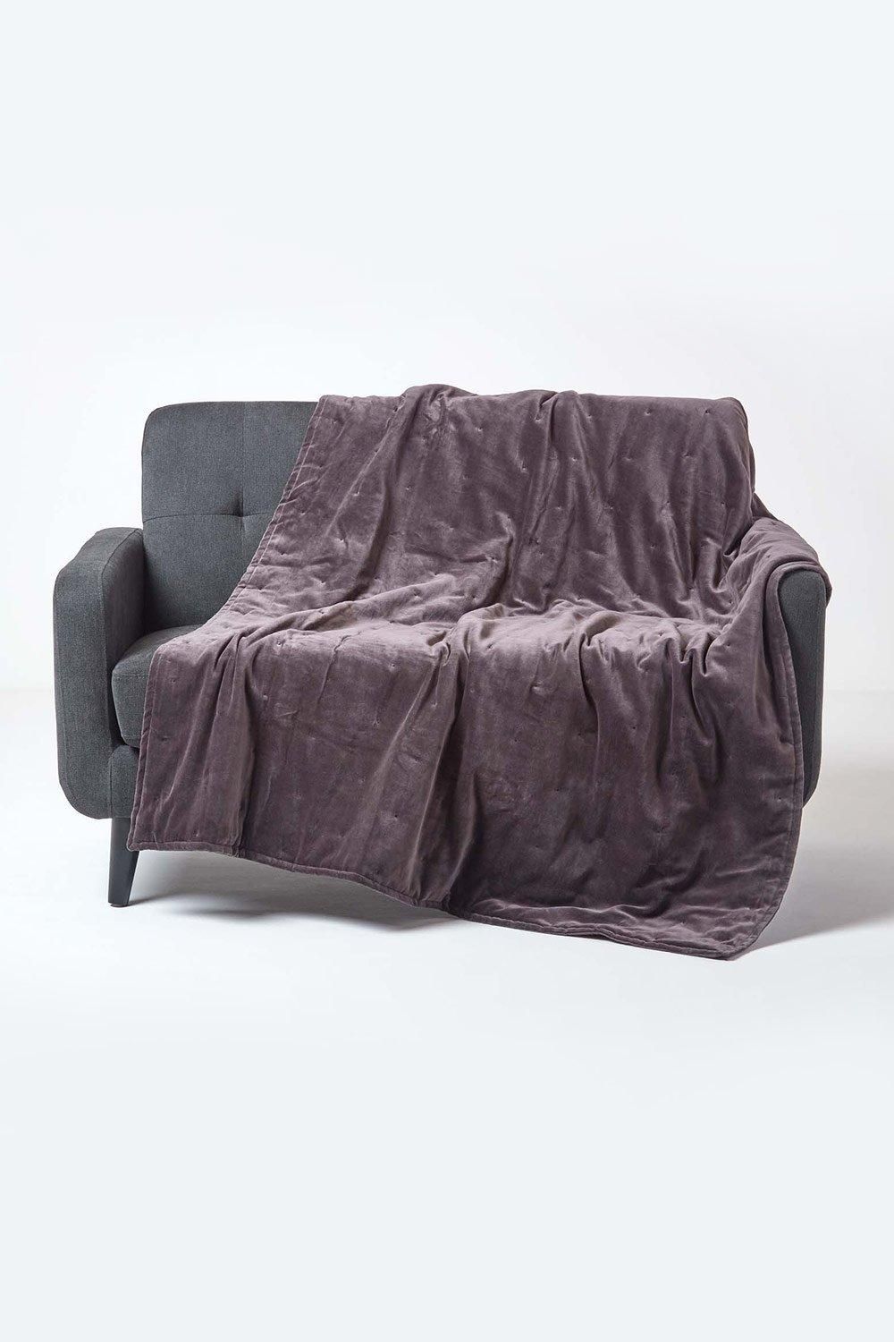 Homescapes Velvet Quilted Throw 100% Cotton, Soft & Luxurious Blanket in Dark Grey