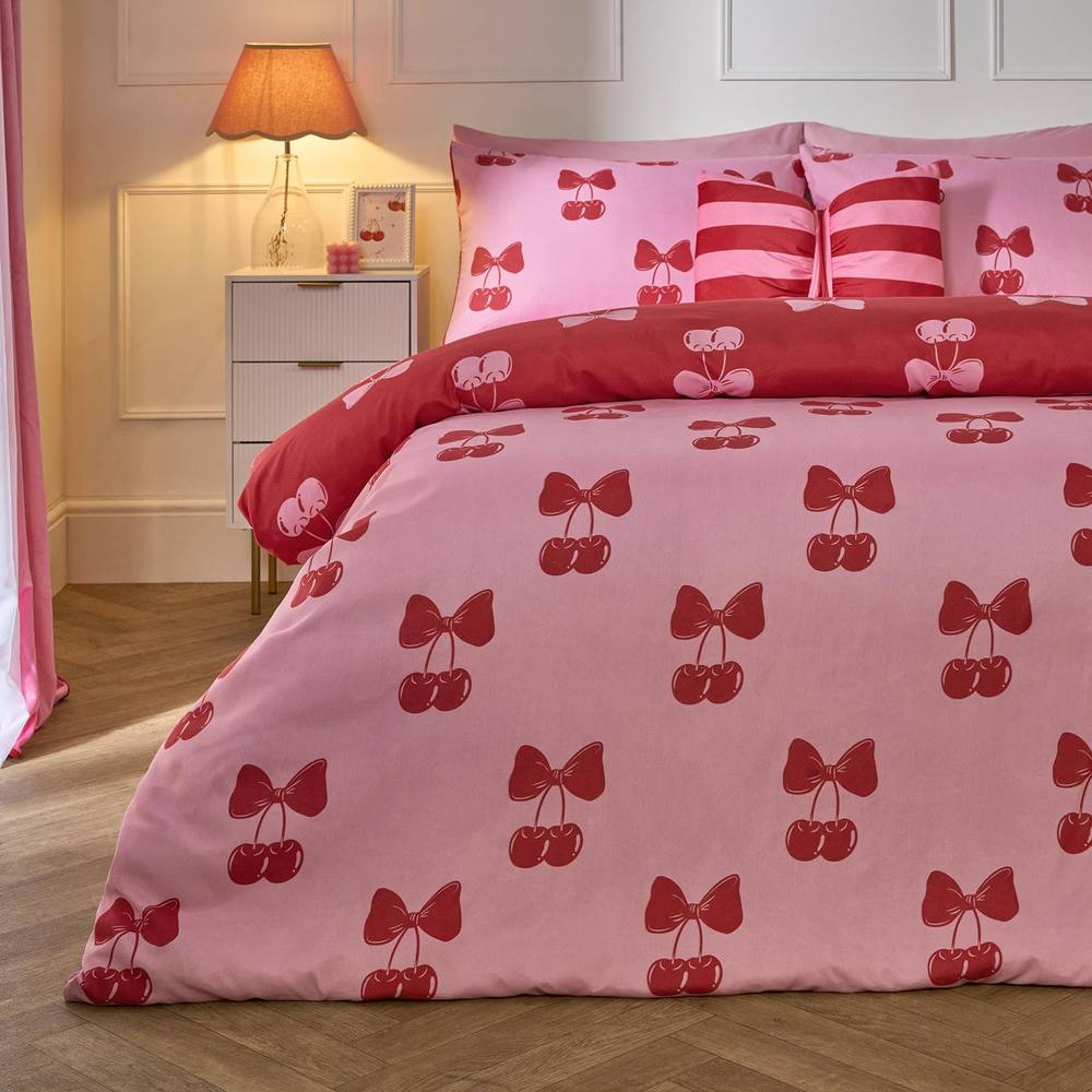OHS Cherry Bow Microfibre Reversible Duvet Cover Set with Pillowcase in Pink