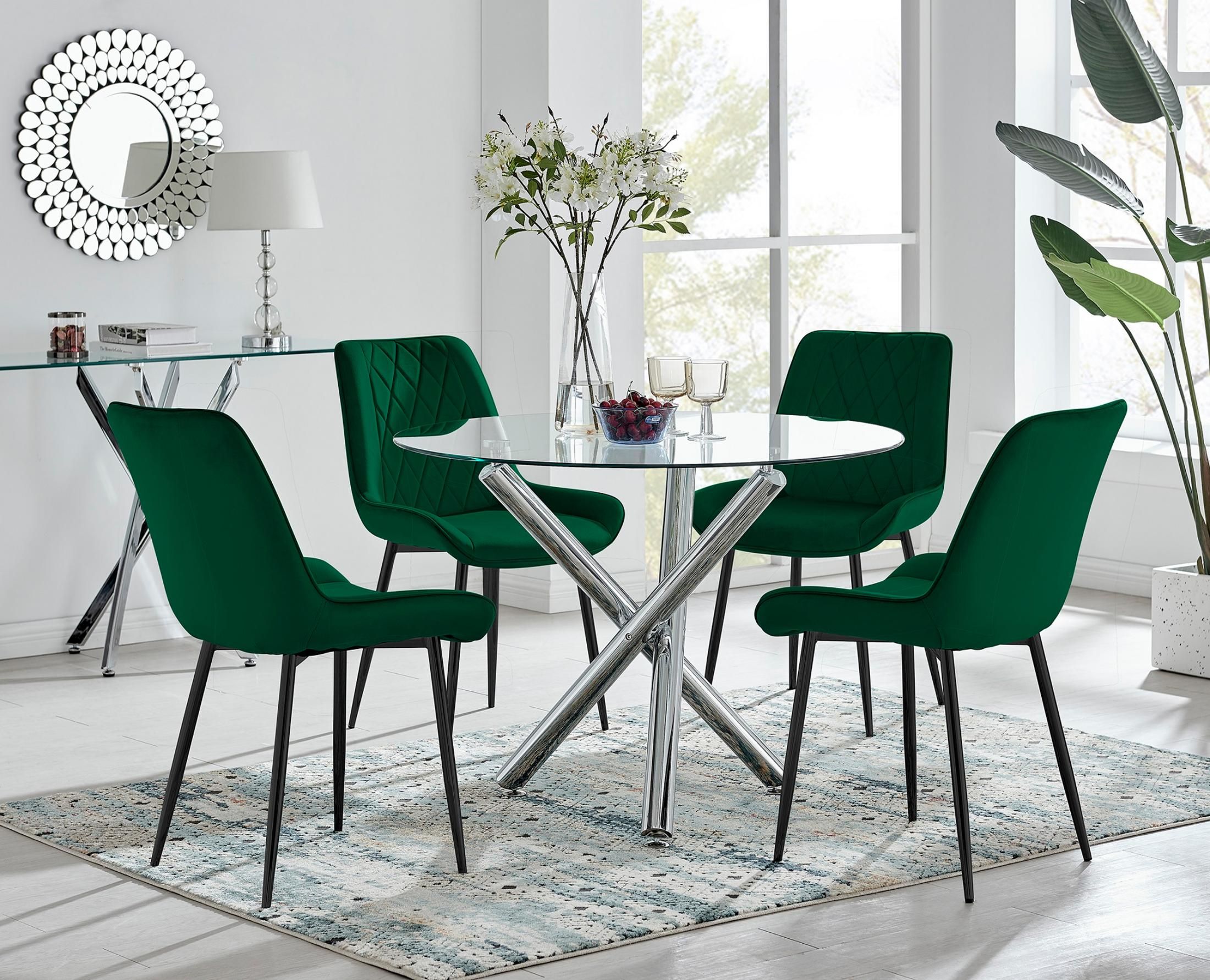 FurnitureboxUK Selina Round Glass Chrome Leg Dining Table & Pesaro Black Leg Chairs in Green