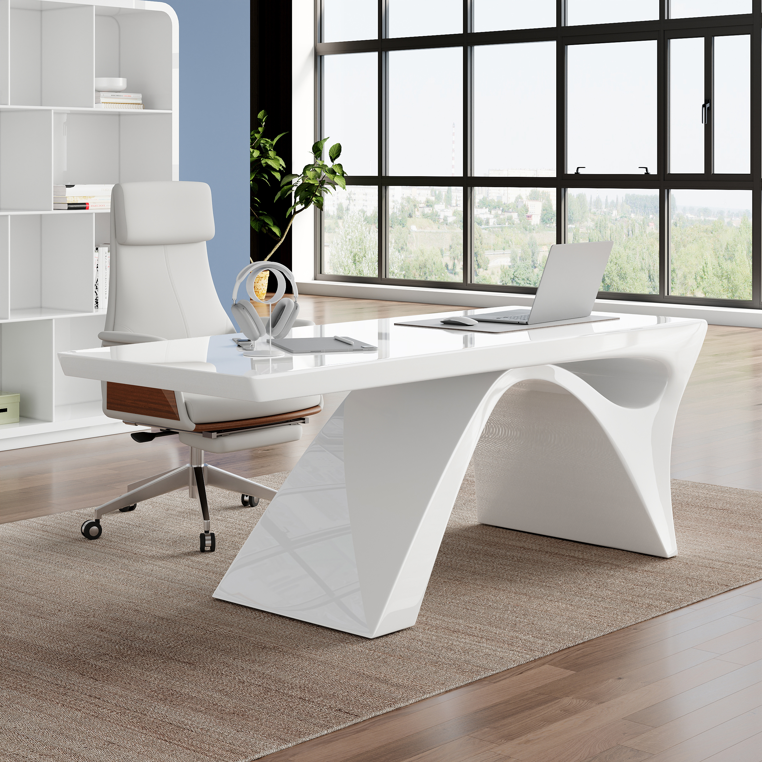 71" Modern White Computer Desk Rectangular Executive & Reclining Leather Office Chair
