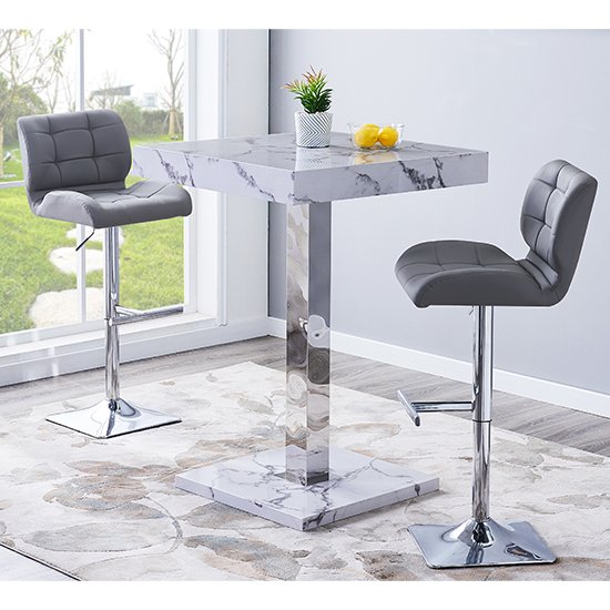 Topaz Gloss Bar Table In Diva Marble Effect With 2 Candid Grey Bar Stools