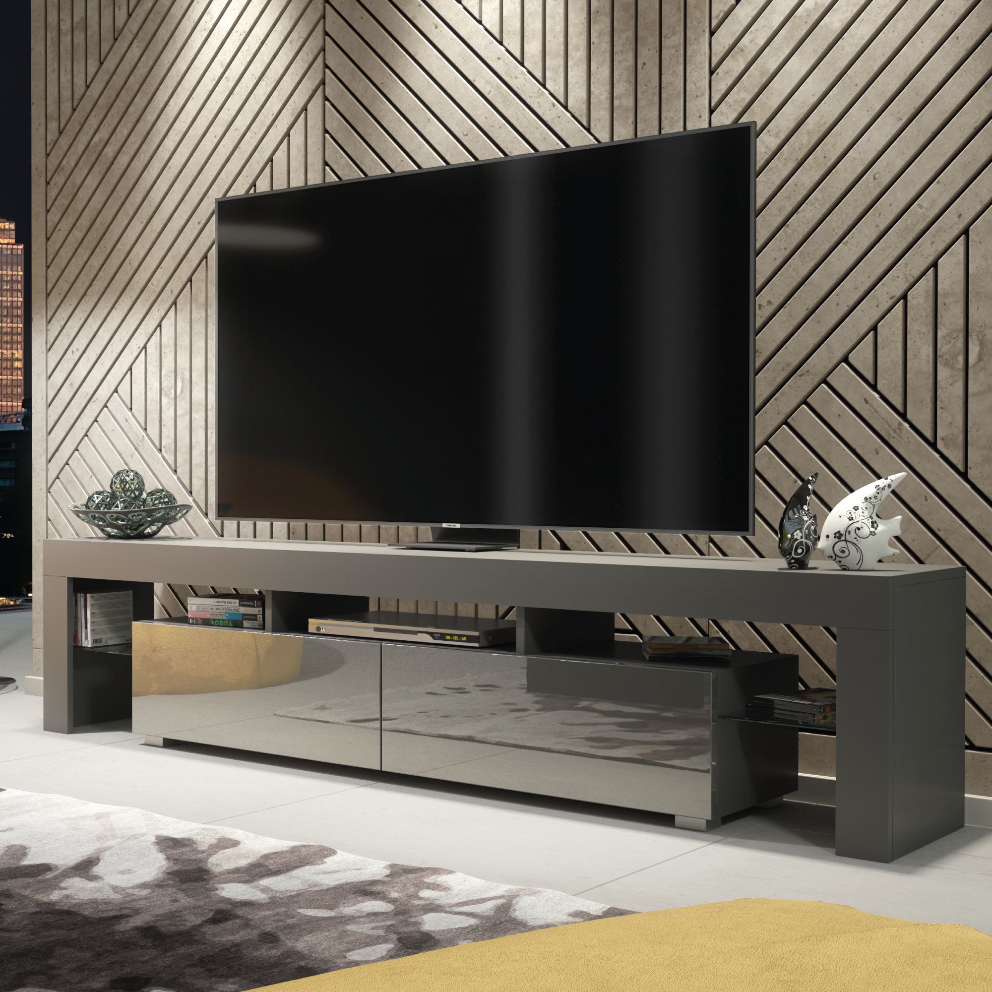 Creative Furniture TV Unit 200cm Modern - Dark Grey with High Gloss Doors