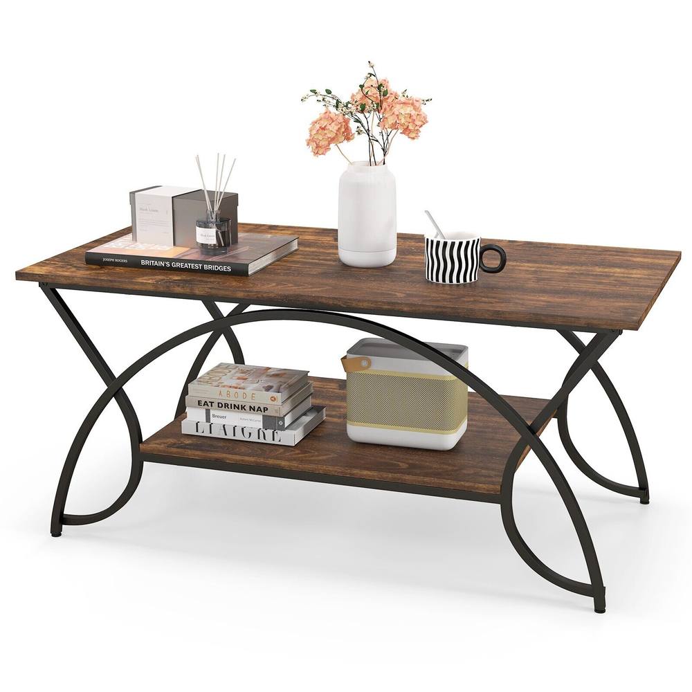 Costway Modern Faux Marble Coffee Table 2-Tier Rectangular Accent Table Chic Cocktail in Brown