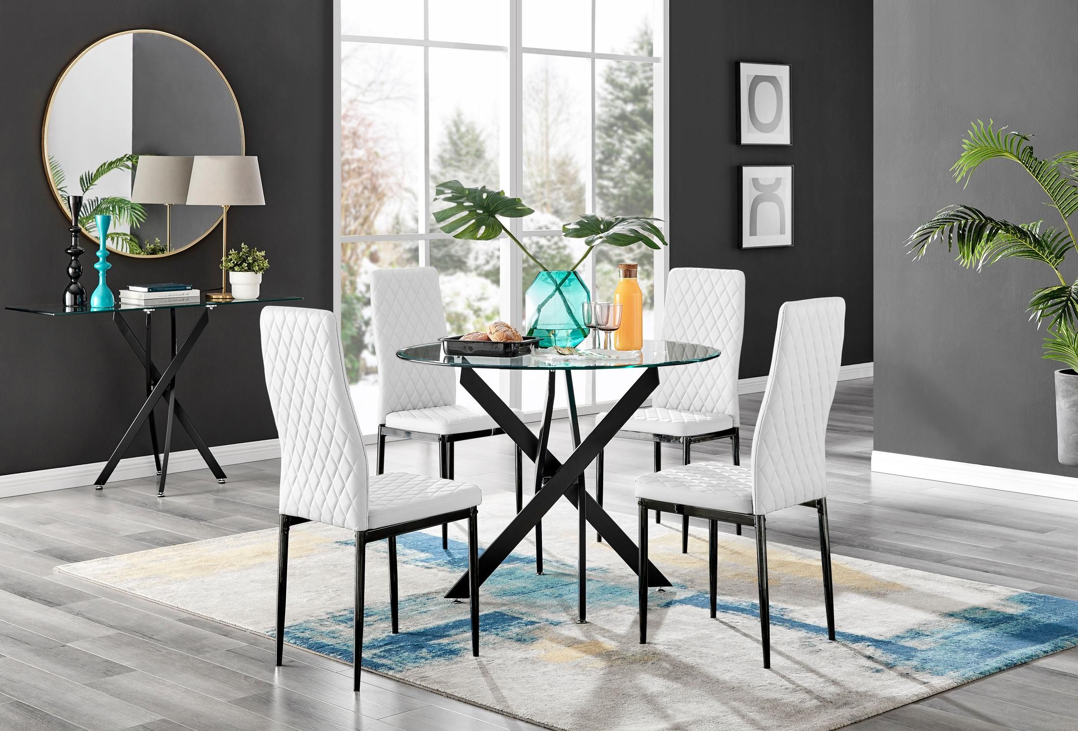 FurnitureboxUK Novara 4 Seater Black Leg Round Glass Dining Table & 4 Milan Faux Leather Black Leg Chairs in White