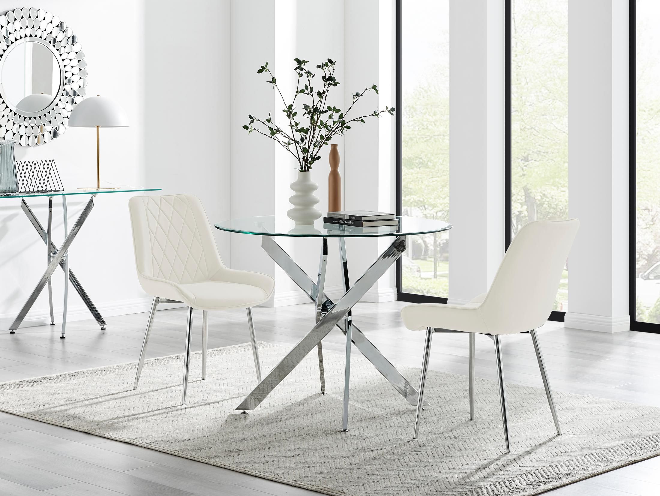 FurnitureboxUK Novara 100cm Round Dining Table & 2 Pesaro Silver Leg Chairs in Cream