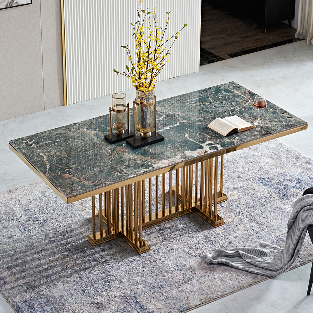 1800mm Modern Rectangular Glossy Stone Dining Table Gold Stainless Steel Pedestal