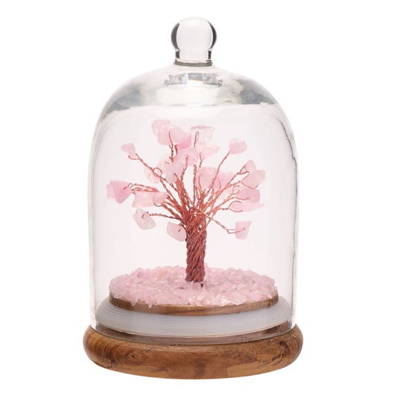Serenity Rose Quartz Gemstone Glass Dome Tree