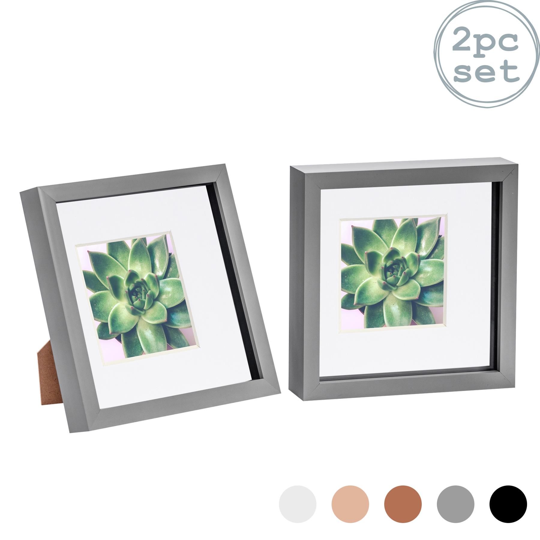 Nicola Spring 3D Box Photo Frames - 8 x 8" with 4 x 4" Mount - Grey Mount - Pack of 2
