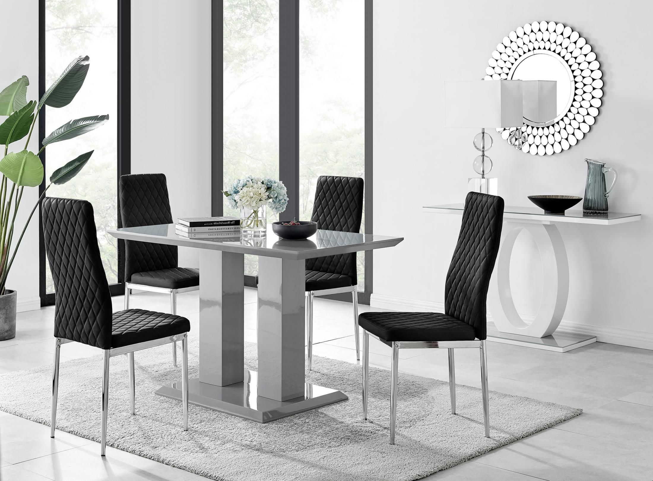 FurnitureboxUK Imperia Grey High Gloss 4 Seater Dining Table with Structural 2 Plinth Column Legs 4 Soft Velvet Silver Leg Milan Chairs in Black