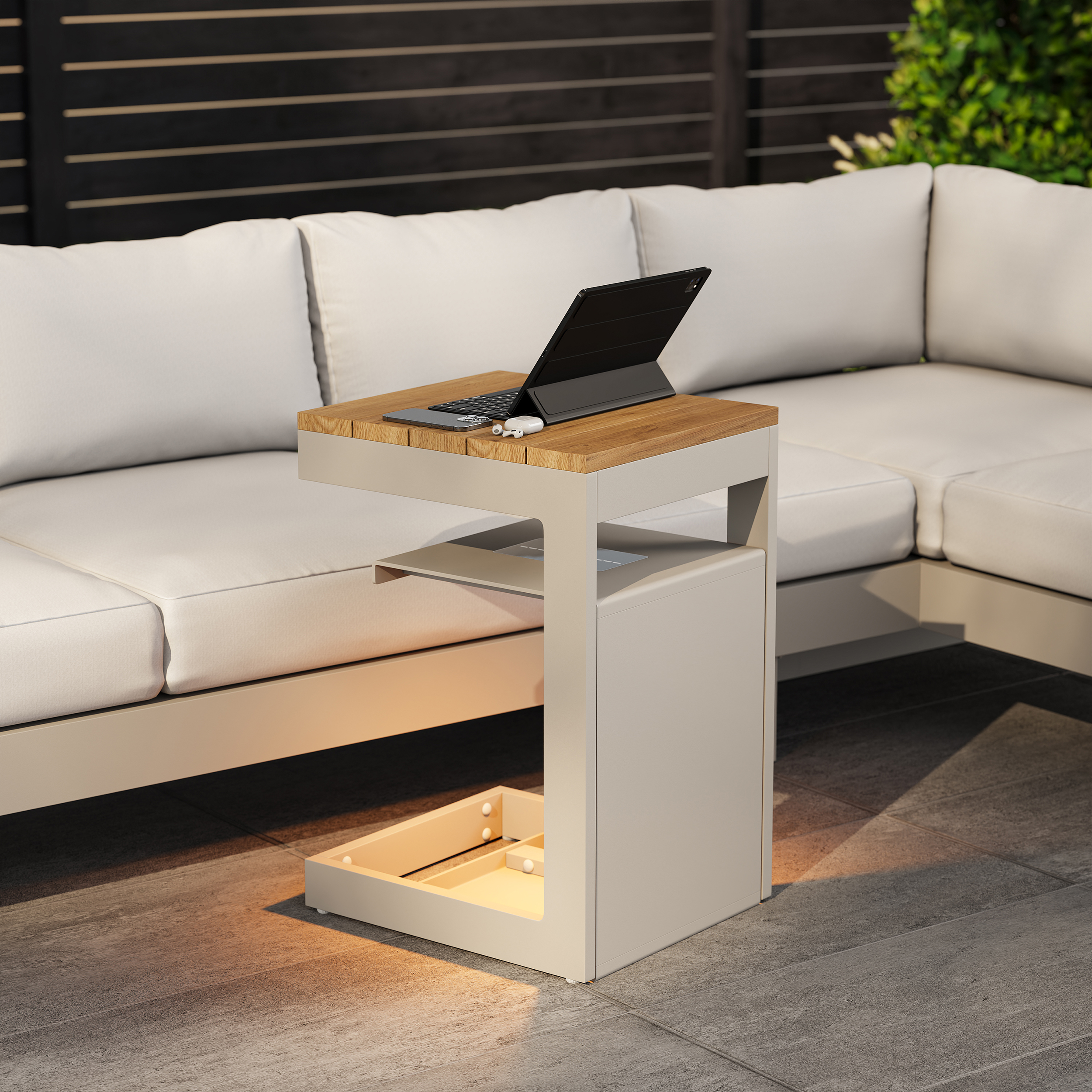 Tevara Outdoor Teak Aluminium Sand Side Table with Solar Light